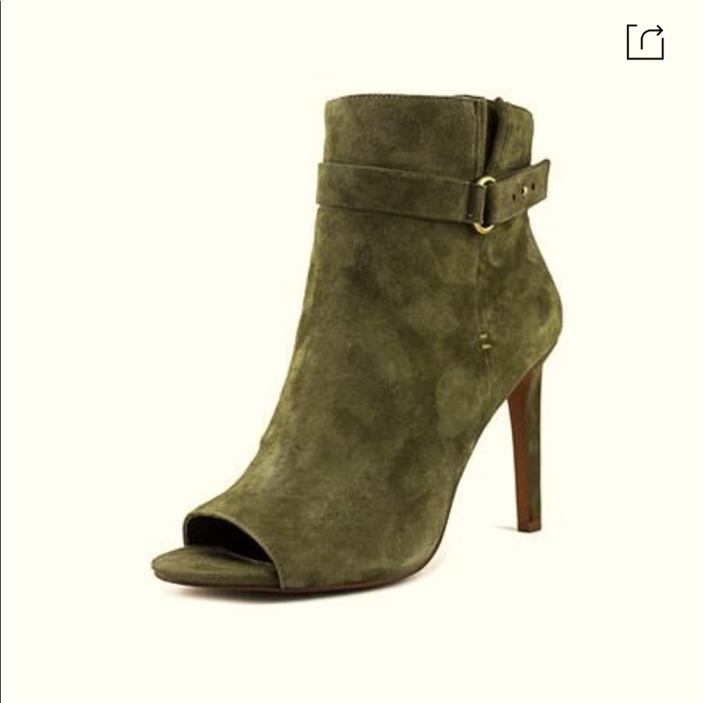 BCBG green suede peep toe booties